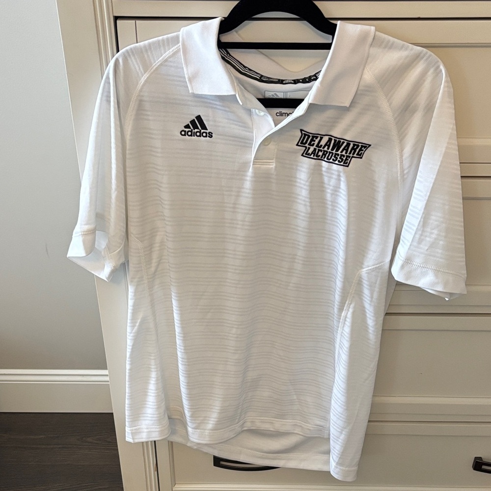 Adidas White Polo Shirt with Delaware Lacrosse Logo